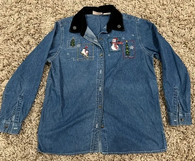 Camisa vaquera de mezclilla cuello terciopelo talla M Basic Editions para mujer Foto 1 de 4