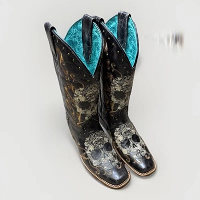 Corral Brown Floral Skull Embroidery Studs 8.5 M Square Toe Western Boots Womens - Image 1 of 4