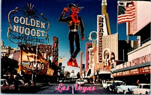 1960s NV Postcard Las Vegas Nevada Fremont Street St. Cowboy Casinos Old Cars - Picture 1 of 2