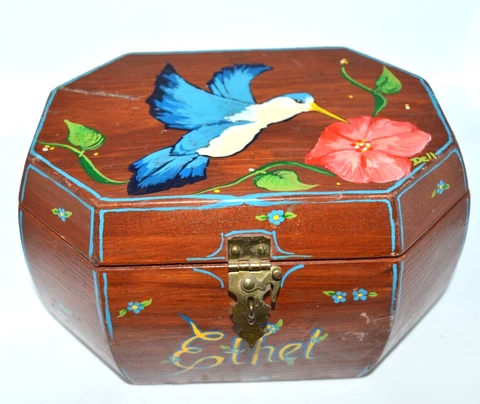 Antique Wood Hand Painted Hummingbird Sewing Box Hinged ETHEL Sign DELL 1920's Cover