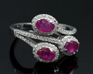 Oval Cut Natural Ruby Gemstone 925 Sterling Silver Three Stone Women Ring - Picture 1 of 5
