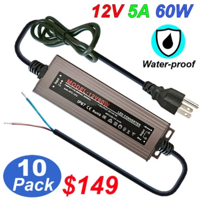 10 Pack IP67 AC 110V to DC 12V Transformer 12 Volt Power Supply with 5FT US Plug - Image 1 of 4