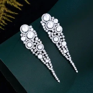 Luxury Drop Dangle Earrings With Simulated 24.86 TCW Round Pearl & Sapphire - Picture 1 of 6