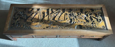 Antigua mesa de centro de teca con tapa de vidrio de 60" x 20" x 16", muebles de Asia oriental Foto 1 de 4