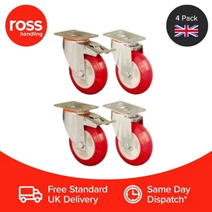 Set of 4 80mm Polyurethane Red Wheel Castors Plate Fitting Casters Heavy Duty UK - Picture 1 of 2