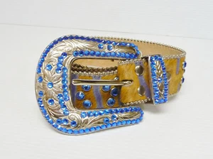 Cinturón de cuero BB Simon Swarovski azul cristal marrón talla 31 grande - Imagen 1 de 11