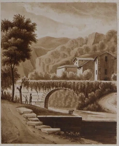 Painting Watercolor Picture Acquerello "Case sul Ponte" epoca 1800 Miniatura - Picture 1 of 3