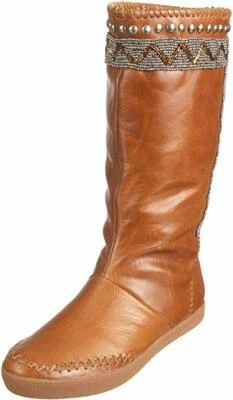 BOTAS HOUSE OF HARLOW 1960 WILLA CUERO CARAMELO CUENTAS ADORNADO MOCASÍN NUEVAS Foto 1 de 4