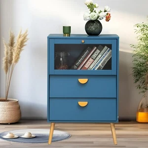 Blue Cabinet with Glass Doors Storage Cabinet Sideboard Display Cabinet Bedroom - Picture 1 of 8