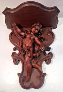ANTIQUE WOOD CARVED WALNUT WALL SHELF ANGEL PUTTI BLIND JUSTICE - Picture 1 of 10