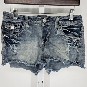 No Boundaries Juniors Sz 11 Cutoff Blue Jean Denim Shorts Distressed Embellished - Picture 1 of 4