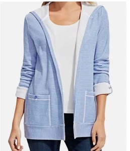 Talbots gestreifte Kapuzenstrickjacke blau weiß offen Küste Baumwolle neu mit Etikett 3Xp Petite - Bild 1 von 10