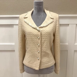 Chaqueta Blazer St. John Couture Dorada Micro Lentejuelas Talla:6 Imitación Perla Botones Crema - Imagen 1 de 17