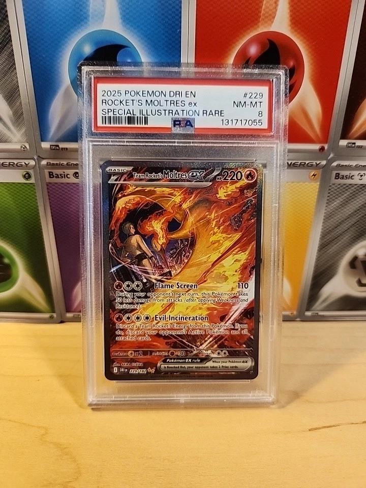 Team Rocket's Moltres ex 229/182 Sv10: Destined Rivals Holo PSA 8 - Image 1 of 2