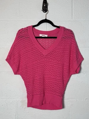 Bongo Y2K-Inspired Pink Open Knit V-Neck Sweater Short Sleeve Women's Small - Image 1 of 4