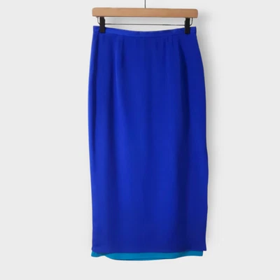 Josephine Chaus Petite 100% Silk Layered Pencil Midi Skirt Split Blue Fairy 6P - Image 1 of 4