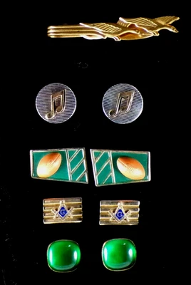 4 Conjuntos Vintage ANSON CUFF LINKS 1 Clipe de Gravata NOTAS MUSICAIS DE FUTEBOL Gansos Maçônicos - Imagem 1 de 4