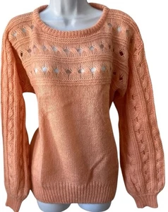 Vintage 90s Mohair Sweater Haberdasher Fluffy Wool Blend S Peach Open Weave - Picture 1 of 10