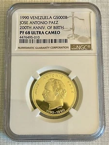 Venezuela 1990 Paez Bicentennial 5,000 Bolivares Gold NGC PF68 UC Sku# 5811 - Picture 1 of 2