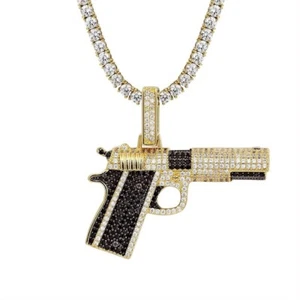 D/FL Round Moissanite & Black 14K Yellow Gold Over Weapon AK47 Gun Pendant 1.5" - Picture 1 of 7