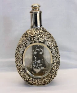 💥antique PINCH BOTTLE Decanter with STERLING SILVER OVERLAY Floral Pattern 9"💥 - Picture 1 of 21