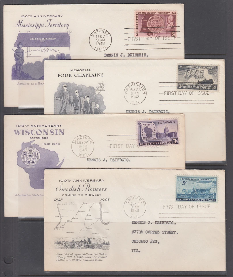 US Sc 955-958  FDC-s, 1948  issues, 4 different, Grimsland cachets, addressed - Image 1 of 1