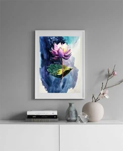 Lotus Original Aquarell Gemälde Blume Orientalisch Asiatisch Handarbeit Kunst Wand Zen - Bild 1 von 13