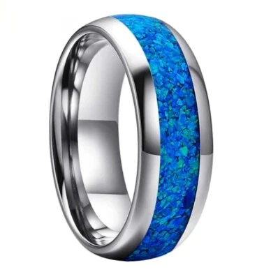 6/8 毫米蓝色蛋白石镶嵌男式女式硬质合金戒指圆顶抛光戒指 — 第 1/4 张图片