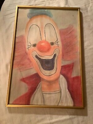 Vtg 1980 Framed HAPPY CLOWN Art Picture Crayon Or Chalk? Cute! Signed 12 X 18 • 8€