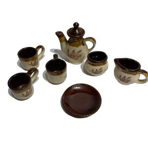 Miniature Mini Tea Set Cups Saucers Teapot Brown Wheat Pattern Doll Size - Picture 1 of 18