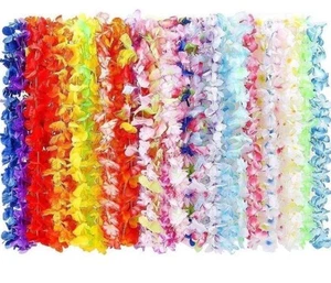 PACK OF 10 MULTICOLOUR HAWAIIAN LEI GARLAND FLOWER NECKLACE FANCY DRESS PARTY - Picture 1 of 9