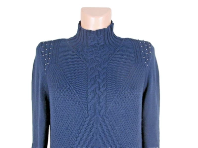 Suéter IVANKA TRUMP Talla S Azul Marino Simulado Cuello Tejido con Cable con Cuentas Plateadas Foto 1 de 4