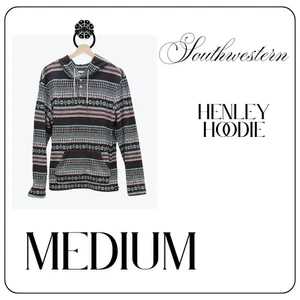 On The Byas Hoodie Mens Medium Blue Gray Southwestern Henley Pullover Baja Aztec - Picture 1 of 4