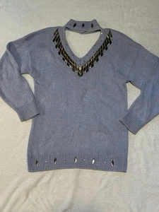 Ralph Lauren USA Cutout Choker Pullover L Flieder Nieten Verziert Baumwolle Top  - Bild 1 von 12
