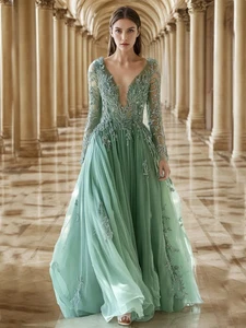 V Neck Long Prom Dress with Appliques Elegant Evening Dress Formal Party Dresses - Picture 1 of 8