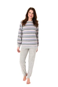 Damen Frottee Pyjama Rundhals Langarm Streifen Übergrößen 62298 - Bild 1 von 3