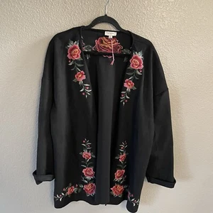 Umgee Jacket Womens Large Black Faux Suede Boho Embroidered Floral Open Coat - Picture 1 of 8