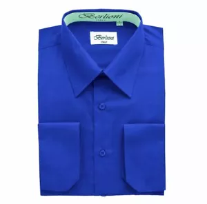 NEW BERLIONI ITALY MEN'S DRESS SHIRT FRENCH CONVERTIBLE CUFF LONG SLEEVE ROYAL - Picture 1 of 1