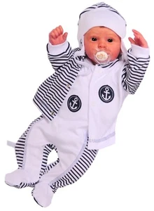 Baby Anzug Strampler Mütze und Langarmshirt in weiß blau gestreift mit Anker - Bild 1 von 1