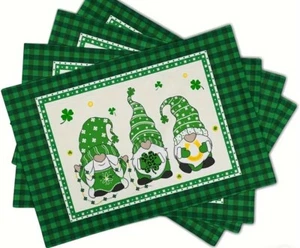 4pcs, Placemats green Buffalo Plaid Gnome Table Mats Shamrock St. Patrick's Day - Picture 1 of 3