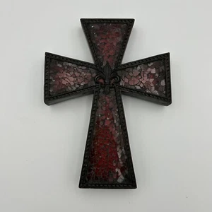 "Hermosa cruz decorativa de 8"" colgante frente de vidrio rojo y negro renacentista" - Imagen 1 de 8