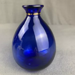 YILE Vaso in Vetro Arrotondato 6" Cobalto BLU SCURO Fascia Oro Arredamento Casa - Foto 1 di 7