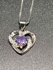 Estate Sterling Silver Purple Stone Heart Pendant Necklace, Italy