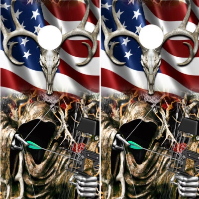 Cornhole Wraps Camo Grim Reaper Bow Hunter American Flag Decal Bronze Camo 2pack - Image 1 of 2