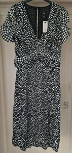 Abito midi nuovo con etichette River Island stampato manica a sbuffo nero taglia 12 Eu 38 Us 8 - Foto 1 di 4