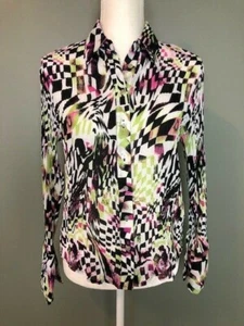 Violet & Claire Womens Button Down Blouse Size S Black Pink Crinkle Bell Sleeve - Picture 1 of 12