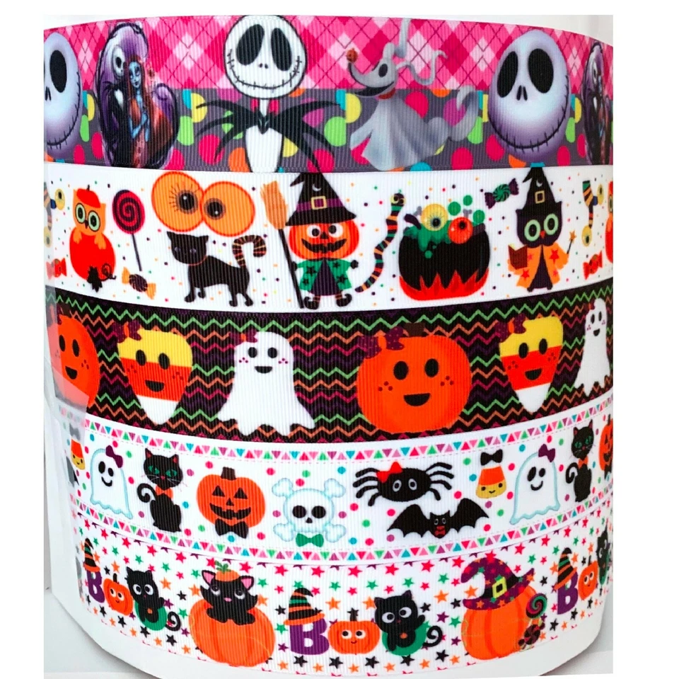 Grosgrain Ribbon 7/8" Halloween pumpkin candy corn LT6 Printed 5 YARD MIXED LOT - Image 1 of 1