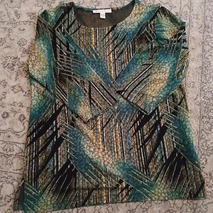 jm collection blue/green  3/4 sleeve blouse shirt Size L EUC - Picture 1 of 8