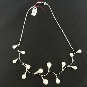Silver & Pearl Necklace Choker Rhodium 16 in CZ New Old Stock Bridal Non Tarnish - Picture 1 of 7