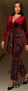 SHEIN Allurite Mono de terciopelo brillante con escote cruzado en V, manga larga - Imagen 1 de 1